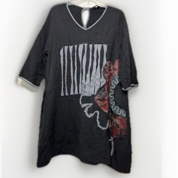 PEACOCK WAYS Ladies Tunic Black One Size Lagenlook Artsy Art To Wear Boho Casual - Picture 12 of 12